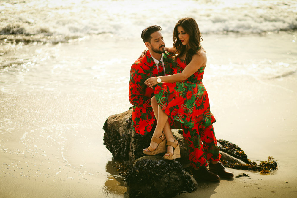 Christmas, couples, love, engaged, beach, photo shoot, Outlined Cloth, Christmas suits