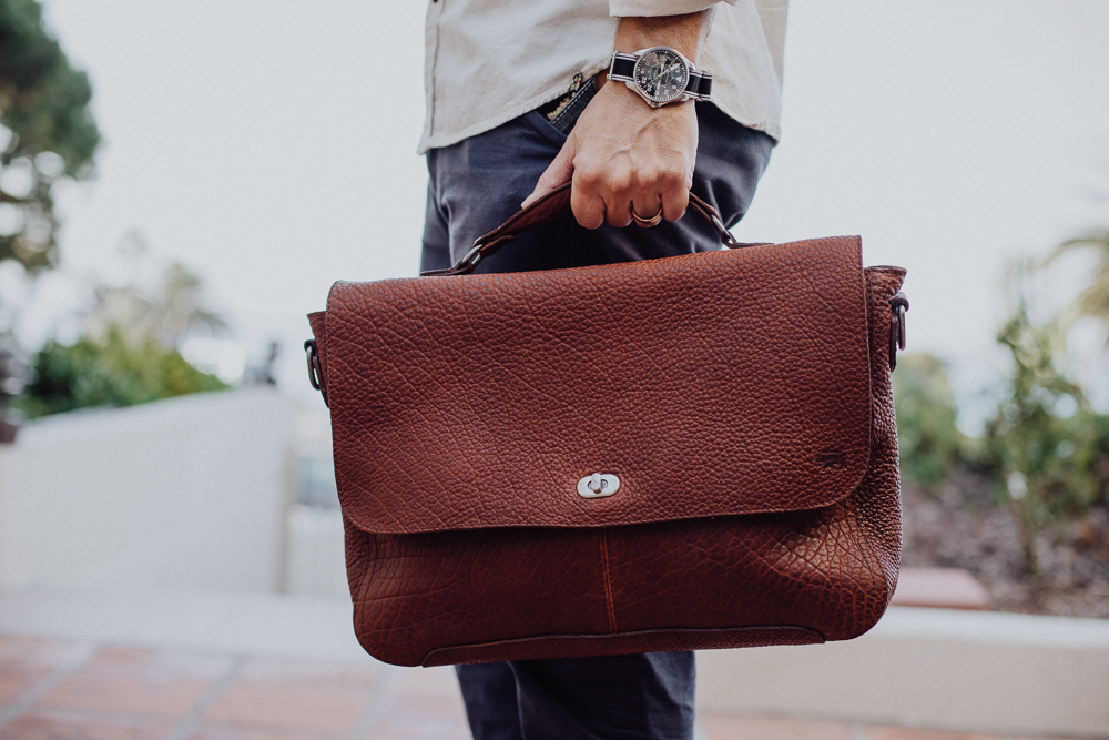Lifestyle blogger Devin McGovern of Outlined Cloth features Buffalo Jackson messenger bag