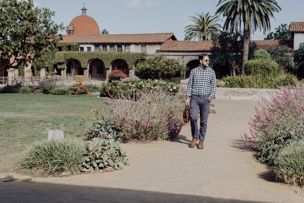 Lifestyle blogger Devin McGovern of Outlined Cloth features Buffalo Jackson messenger bag while exploring in San Juan Capistrano